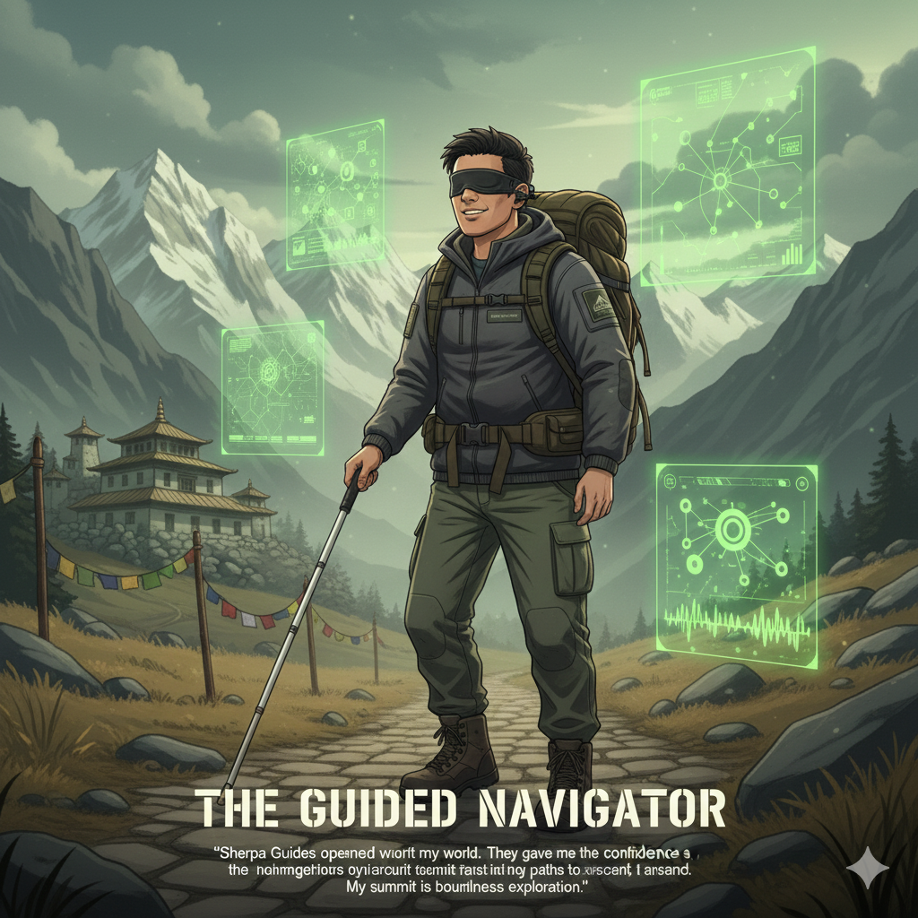 A blind man navigating a trail using a cane, wearing tactical gear, symbolizing guided exploration